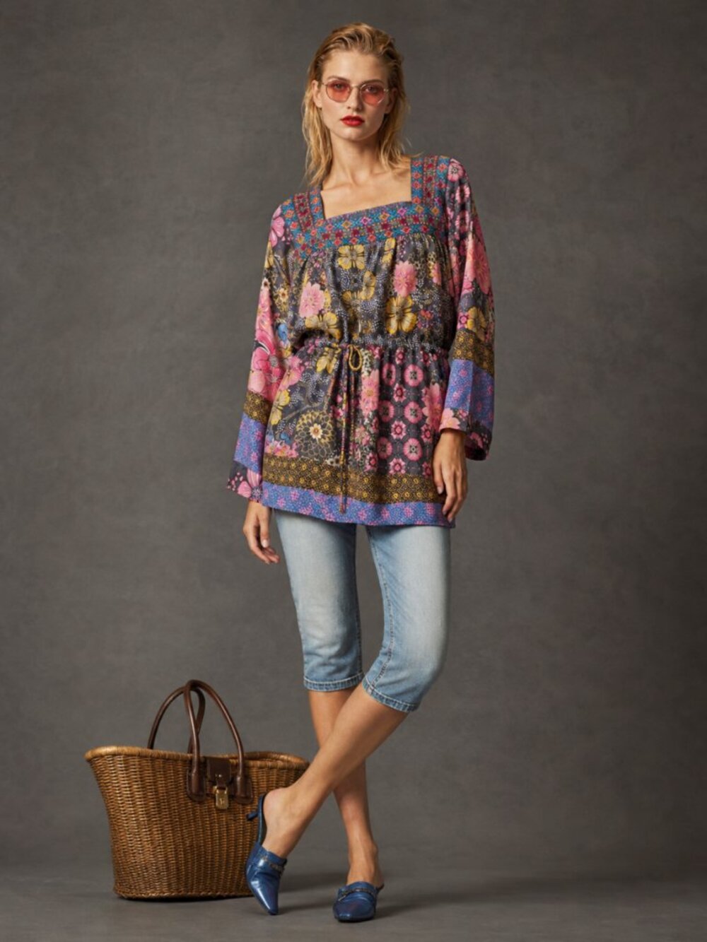 Johnny Was 100% Silk Floral Embroidered Drawstring Tunic 1X
